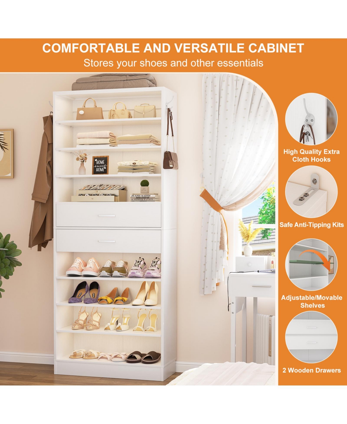 8-Tier Shoe Rack with 2 Drawers, 80'' High Wooden Shoe Cabinet with Adjustable Shelves