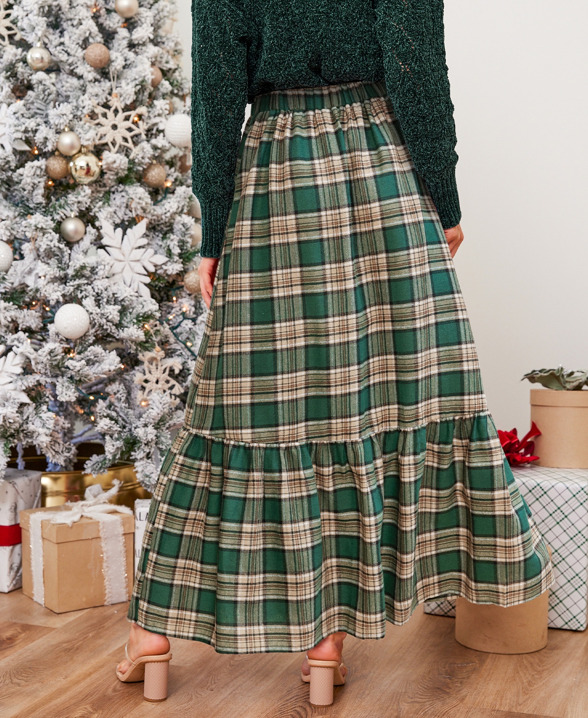 Cupshe Women's Plaid Ruffled Maxi Skirt.