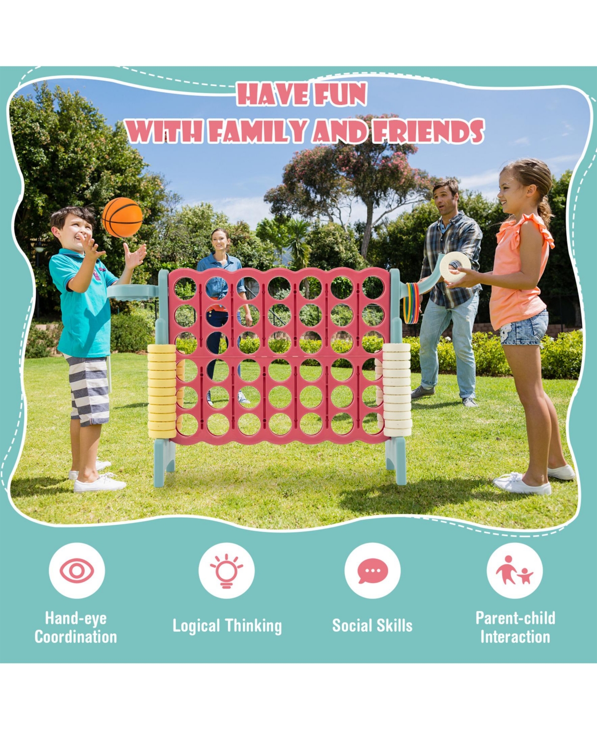 4-in-a-Row Connect Game with Basketball Hoop and Toss Ring-Blue