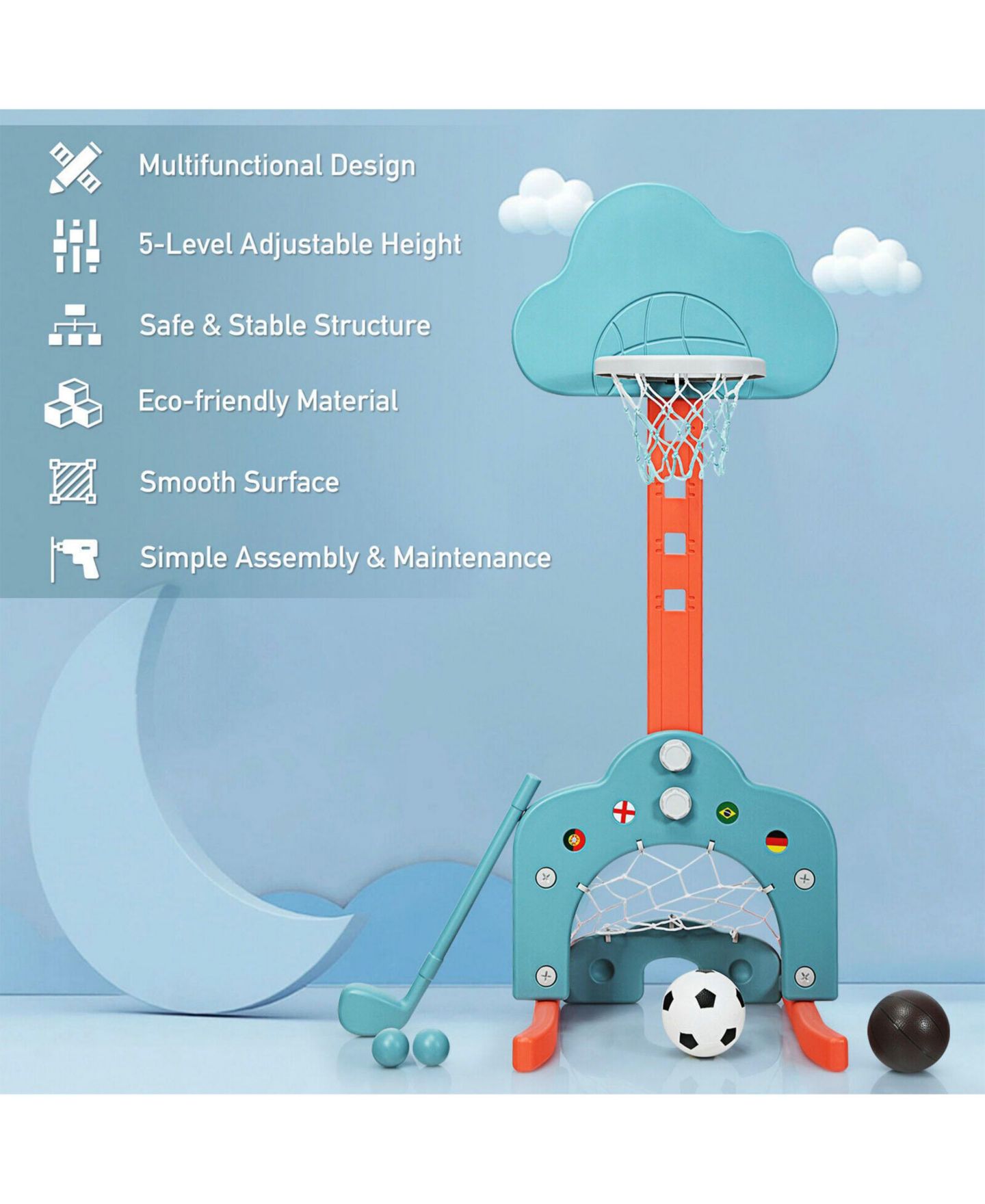 Детские игрушки SUGIFT 3-in-1 Adjustable Basketball Hoop Set, Ages 18 Months+, цвет: Зелёный — фото 11