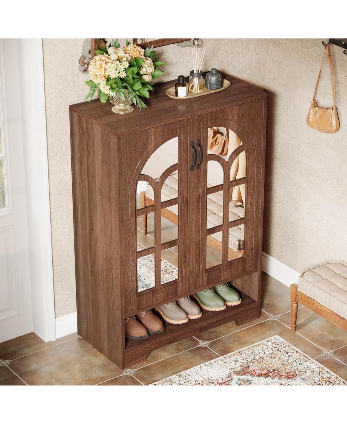Tribesigns Brown Shoe Cabinet with Mirrored Doors, Adjustable Shelves