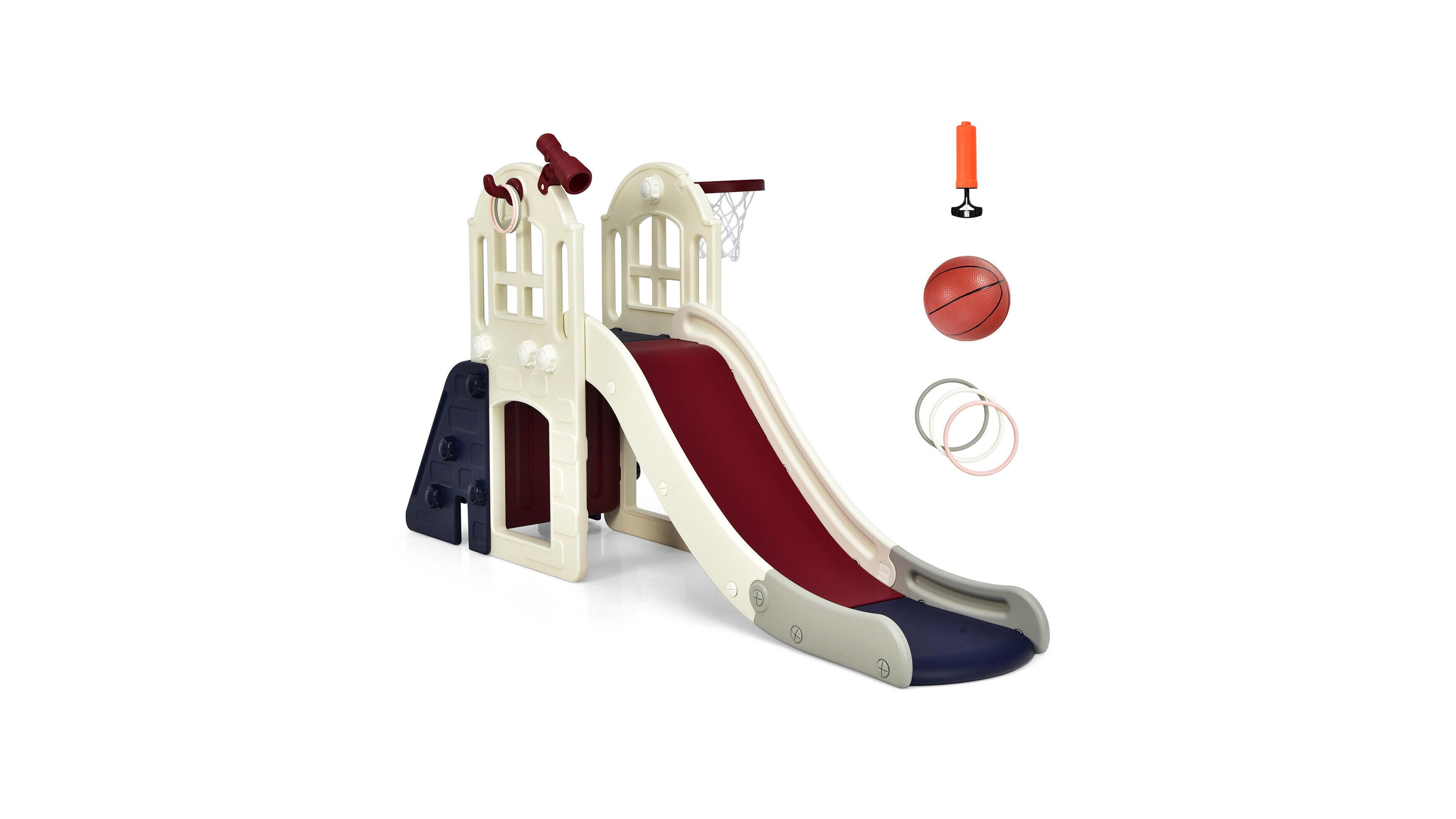 Sugift 6-In-1 Large Slide for Kids Toddler Climber Slide Playset with Basketball Hoop-Blue
