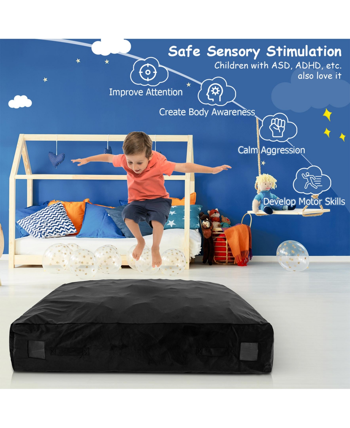 Sugift 57 x 57 Inch Crash Pad Sensory Mat with Foam Blocks and Washable Velvet Cover-Black
