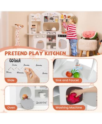 Corner Wooden Play Kitchen with Coffee Machine and Slide for Kids