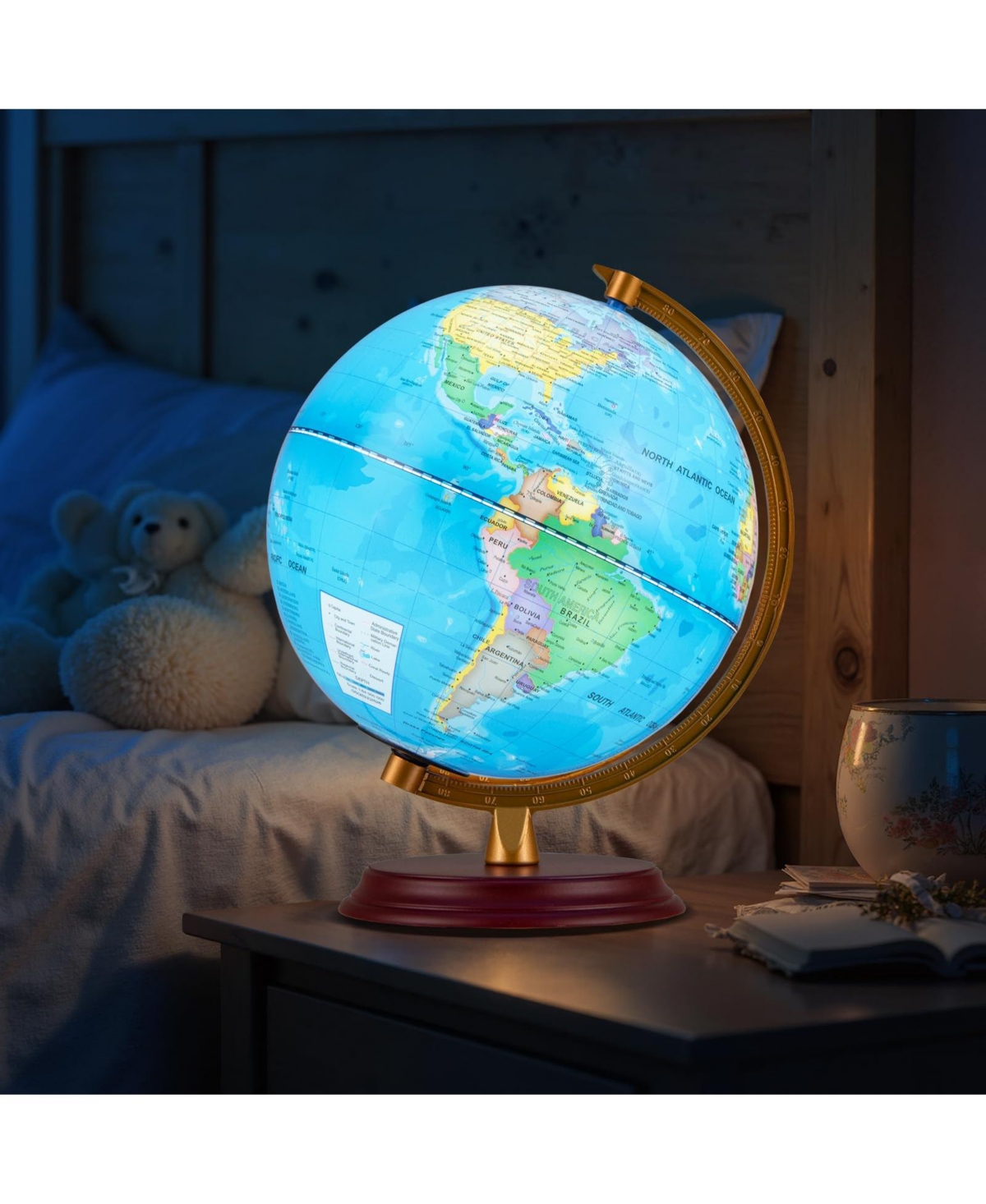 Mecale 8 Inch Illuminated World Globe Night Light up Globe Lamp with Wooden Stand and Hd Map