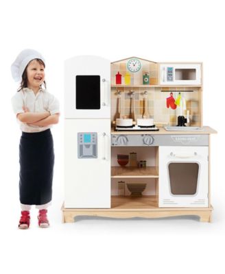 Wooden Kids Pretend Kitchen Playset Cooking Play Toy with Utensils and Sound