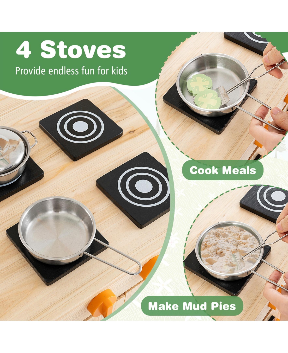 Mud Kitchen Fir Wood Play Kitchen with Canopy and Sink and 4 Stoves-Natural