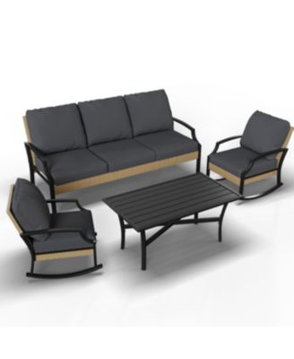 Outdoor Patio Furniture Set with Rocking Chair, 4 Piece Rattan Conversation Bistro Set with Coffee Table