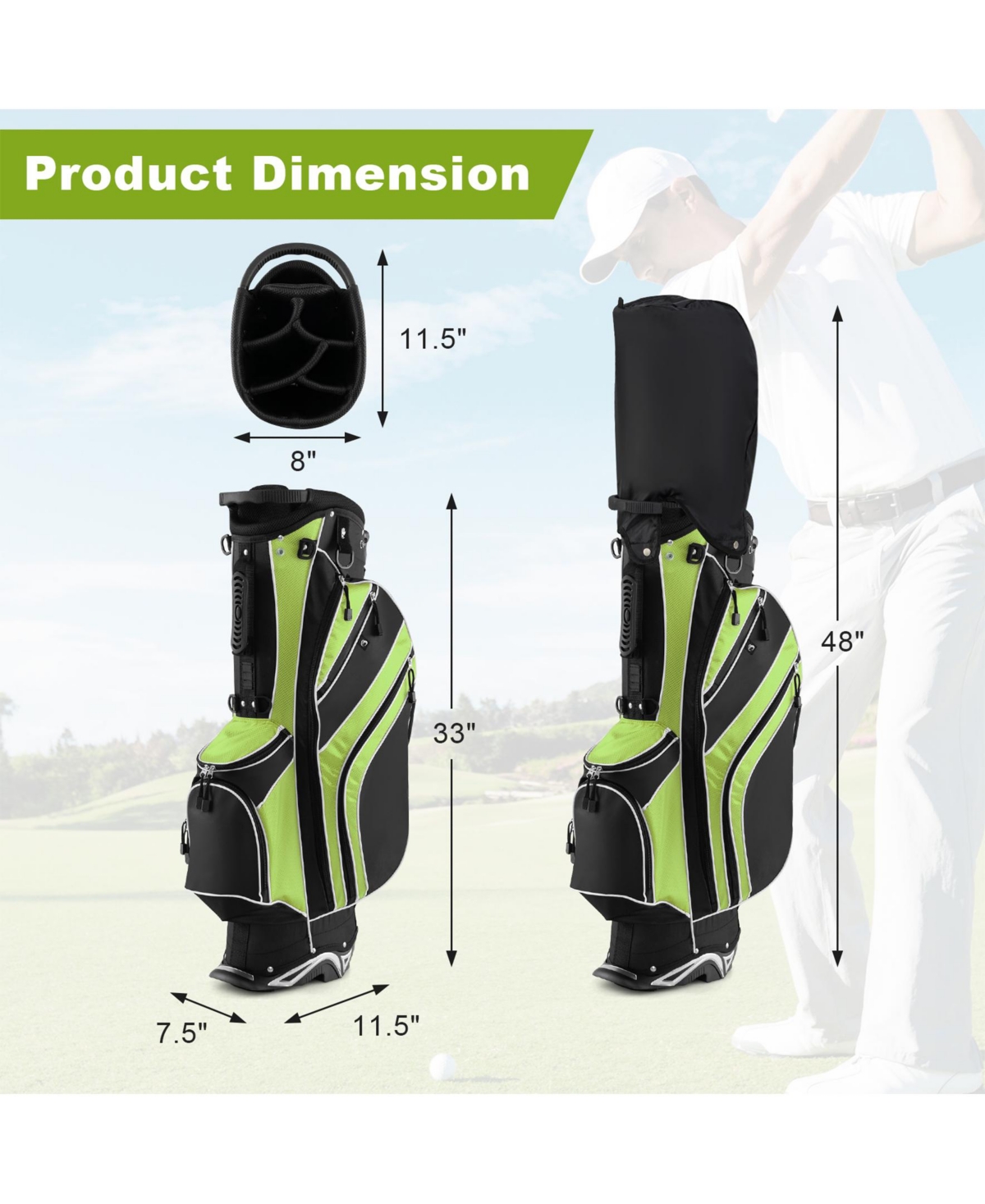 Sugift Golf Stand Cart Bag with 6-Way Divider Carry Pockets-Green