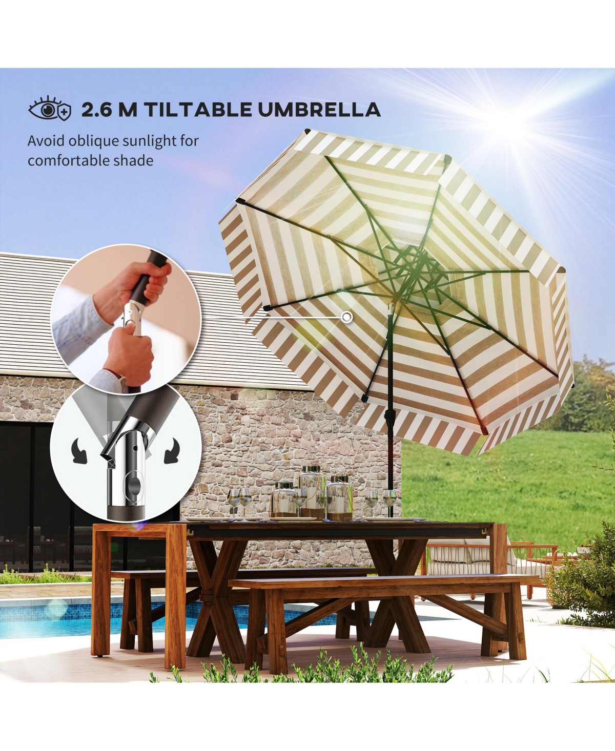 Outsunny 8.6FT Patio Umbrella Upf 30+ Vented Market Umbrella, Light