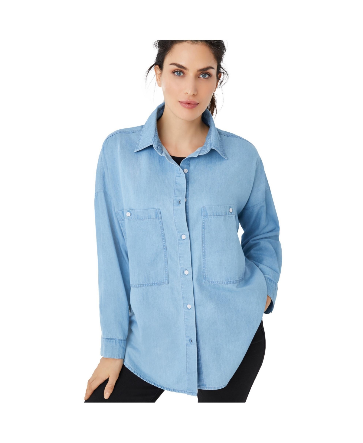 ellos Women's Oversized Button-Front Denim Shirt