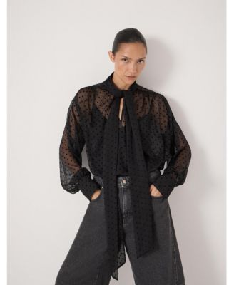 Women's Tie Neck Flocked Spot Blouse