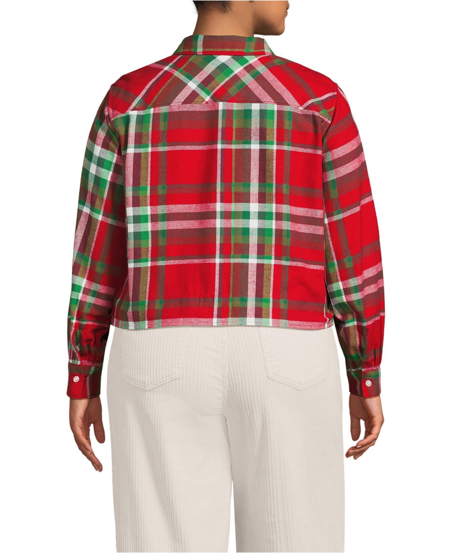 Женская рубашка Lands' End Plus Size Cropped Flannel, цвет: Красный / Изумрудный клетчатый — фото 2