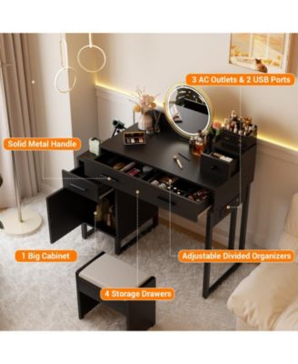 Makeup Vanity Desk with 4 Drawers and Cabinet, Dressing Table with Outlets for Small Space