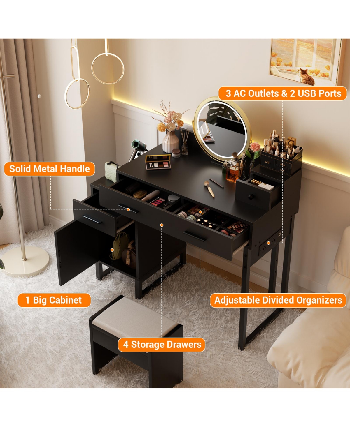 Makeup Vanity Desk with 4 Drawers and Cabinet, Dressing Table Outlets for Small Space