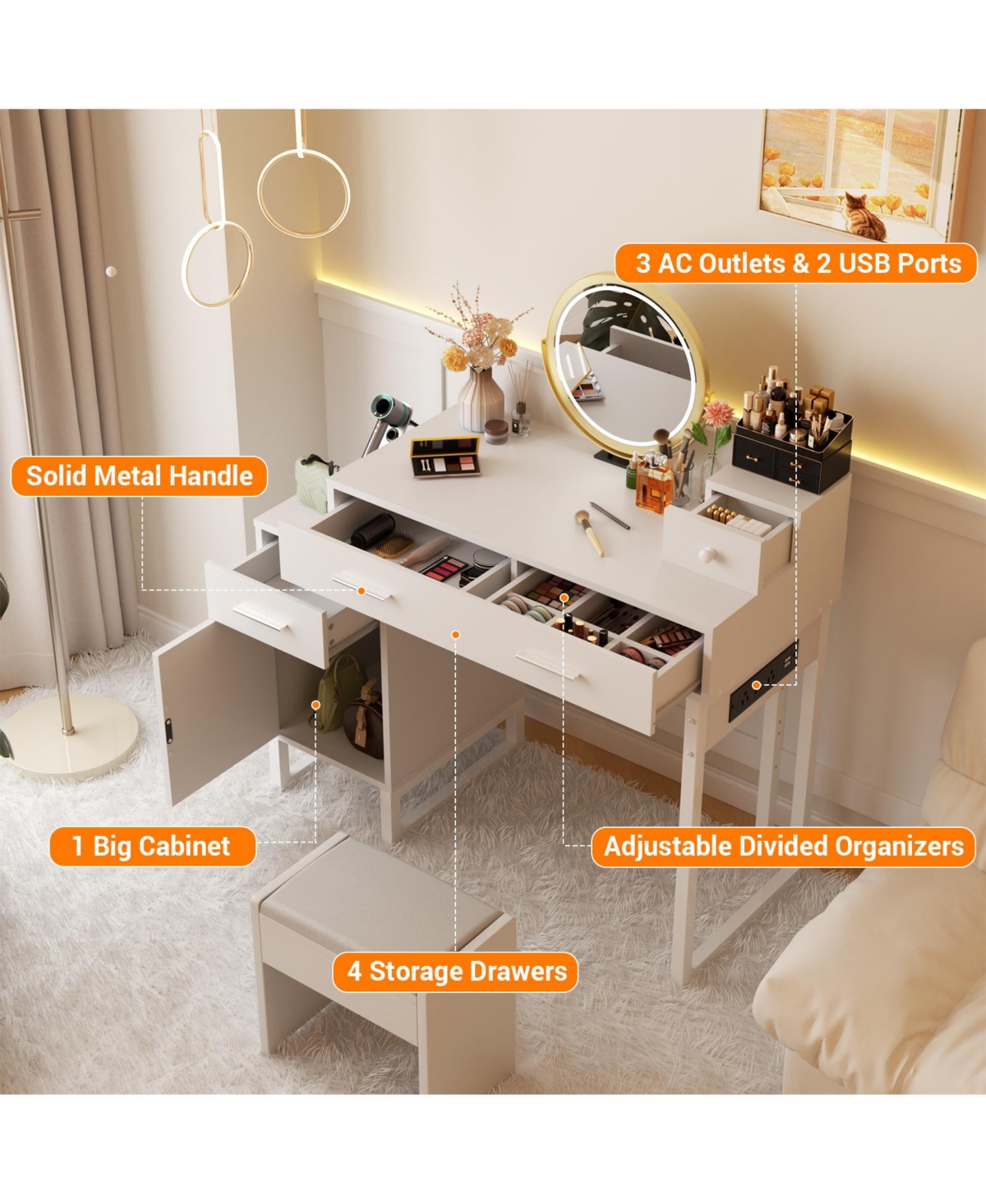 Aheaplus Makeup Vanity Desk with 4 Drawers and Cabinet, Dressing Table with Outlets for Small Space