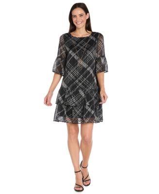 R & M Richards - Women's Printed Tiered Hem Dress with Detachable Necklace