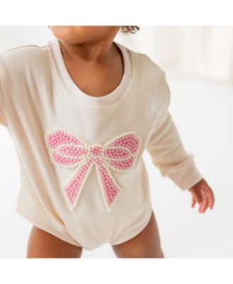 Baby Girls Pearl Bow Patch Long Sleeve Romper