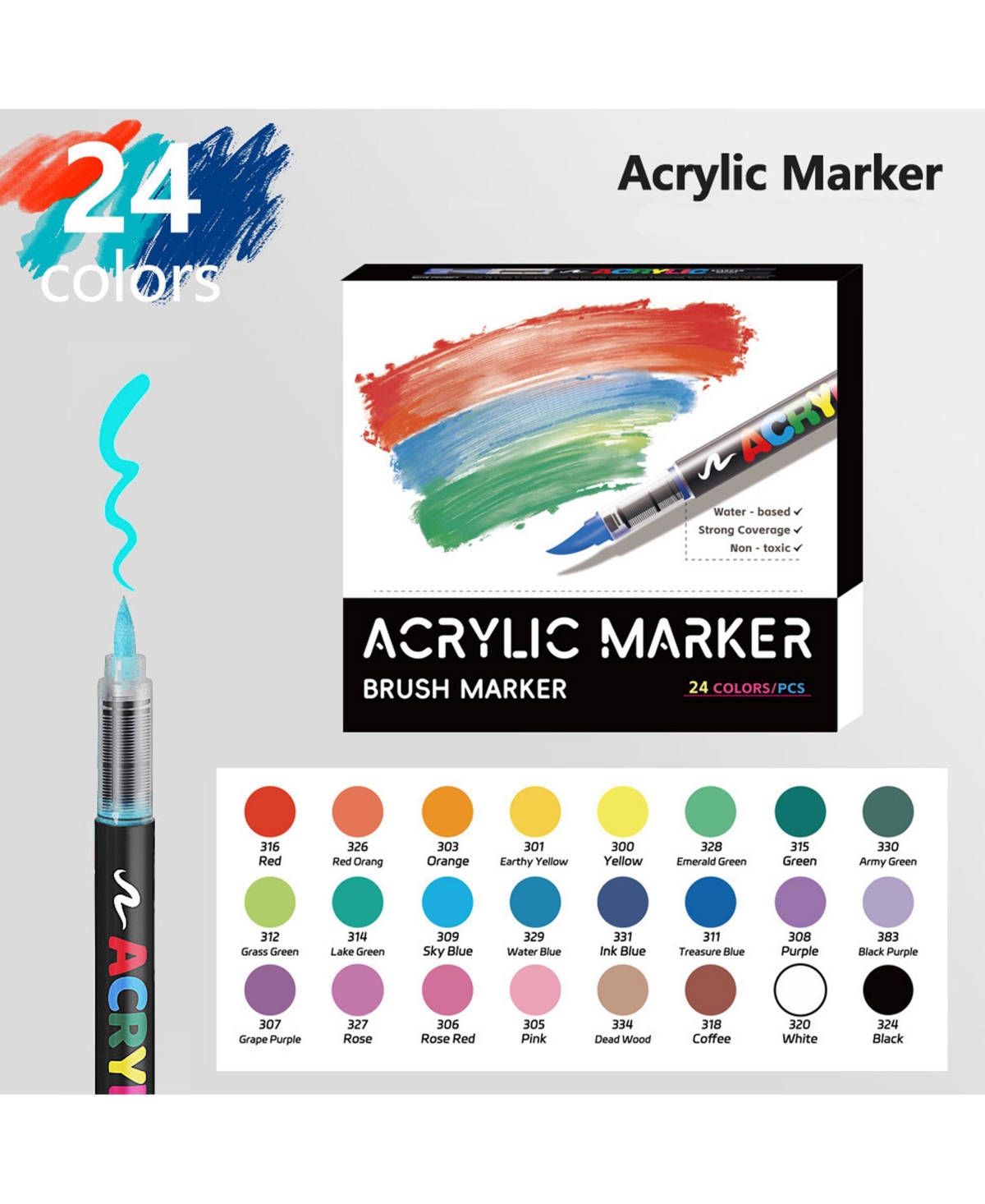 Htutwoo 24 Colors Soft Brush Tip Markers, Art Supplies Kit for Kids And Adults, for Ceramic, Stone, Rock, Canvas, Fabric and Wood