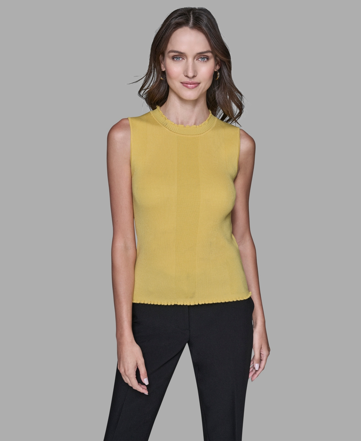 Karl Lagerfeld Women's Ruffled Rib-knit Sleeveless Top In Yellow