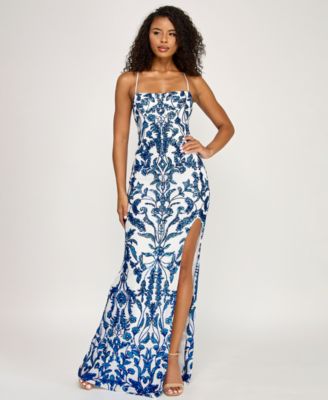 SENI & CADE - Juniors' Square Neck Lace-Up Long Dress