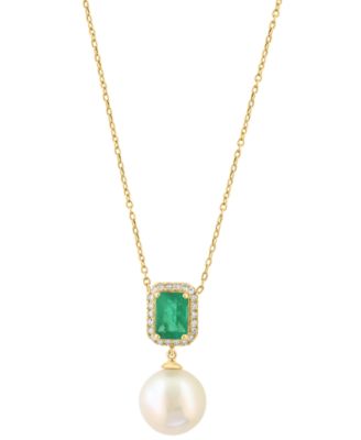 Freshwater Pearl (10mm), Diamond and Emerald Pendant Necklace (1/10 ct. t.w.) in 14k Yellow Gold