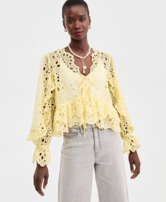 Women's Woven Long-Sleeve Cut-Work Blouse