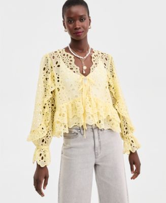 On 34th Women's Woven Long-Sleeve Cut-Work Blouse, Macy's Exclusive - Macy's