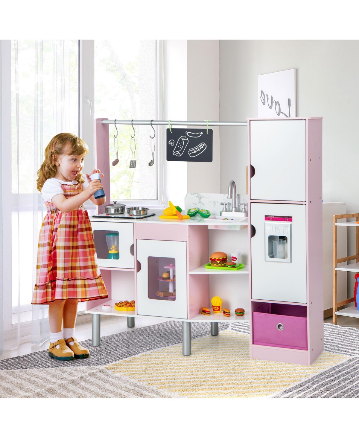 Skonyon 2-in-1 Double-sided Kids Kitchen and Market with Realistic Light and Sound