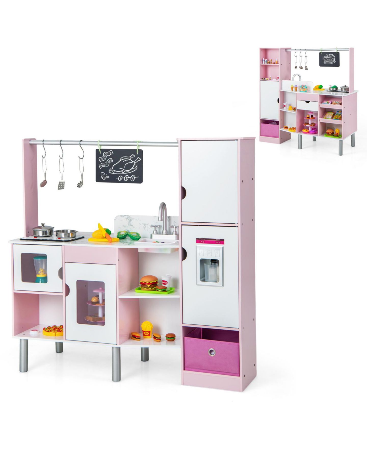 Детская игрушка SKONYON 2-in-1 Double-Sided Kids Kitchen and Market with Lights and Sound, 82-Piece Playset, Ages 3+, цвет: Розовый — фото 1