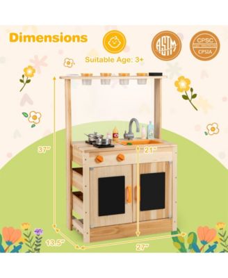 Kids Mud Kitchen Fir Wood Playset With Planting Pots And Blackboards-Natural.