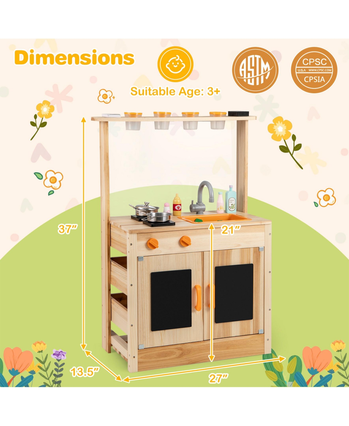Sugift Kids Mud Kitchen Fir Wood Playset With Planting Pots And Blackboards-Natural.