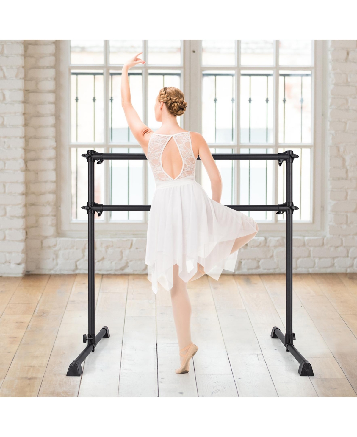 Sugift 4 Feet Double Ballet Barre Bar With Adjustable Height-Black.