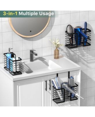 Hair Dryer Holder Hair Tool Organizer 3-in-1 Blow Dryer Holder Adjustable Height, Bathroom Organizer Wall Mounted/Cabinet Door for Flat/Curling Irons