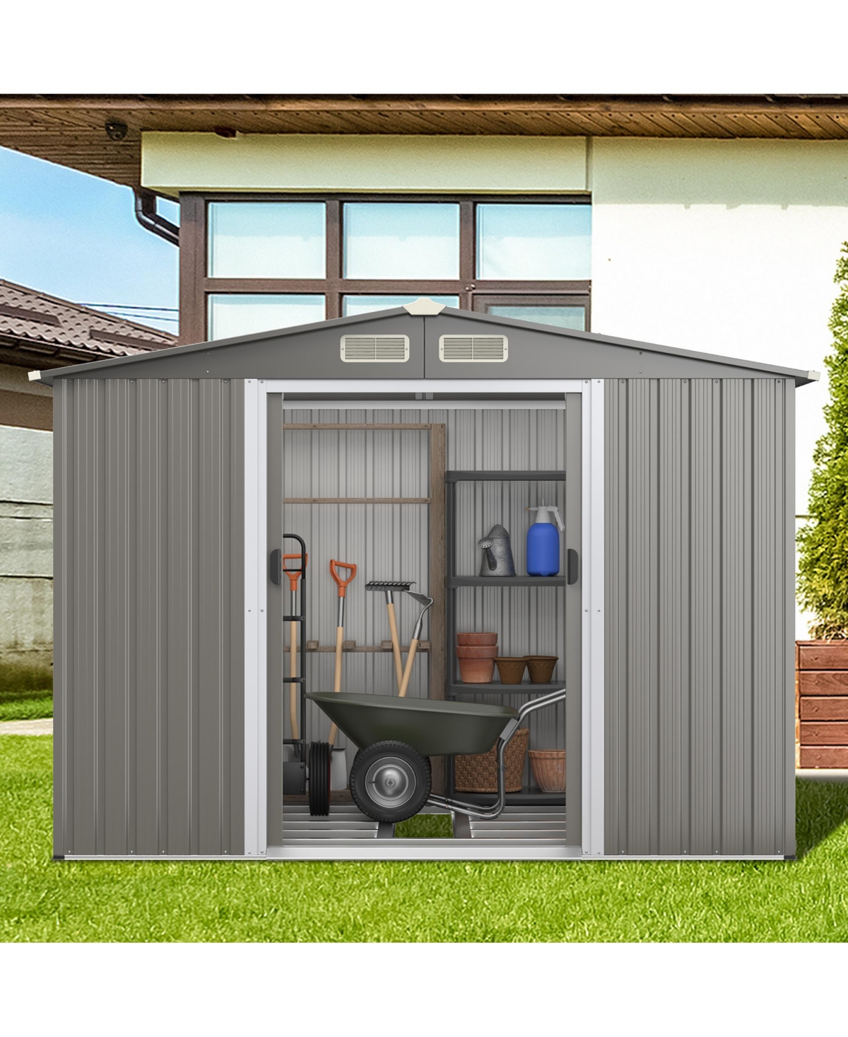 Costway 8'x6' Outdoor Storage Shed Galvanized Steel Tool House Organizer for Garden Yard