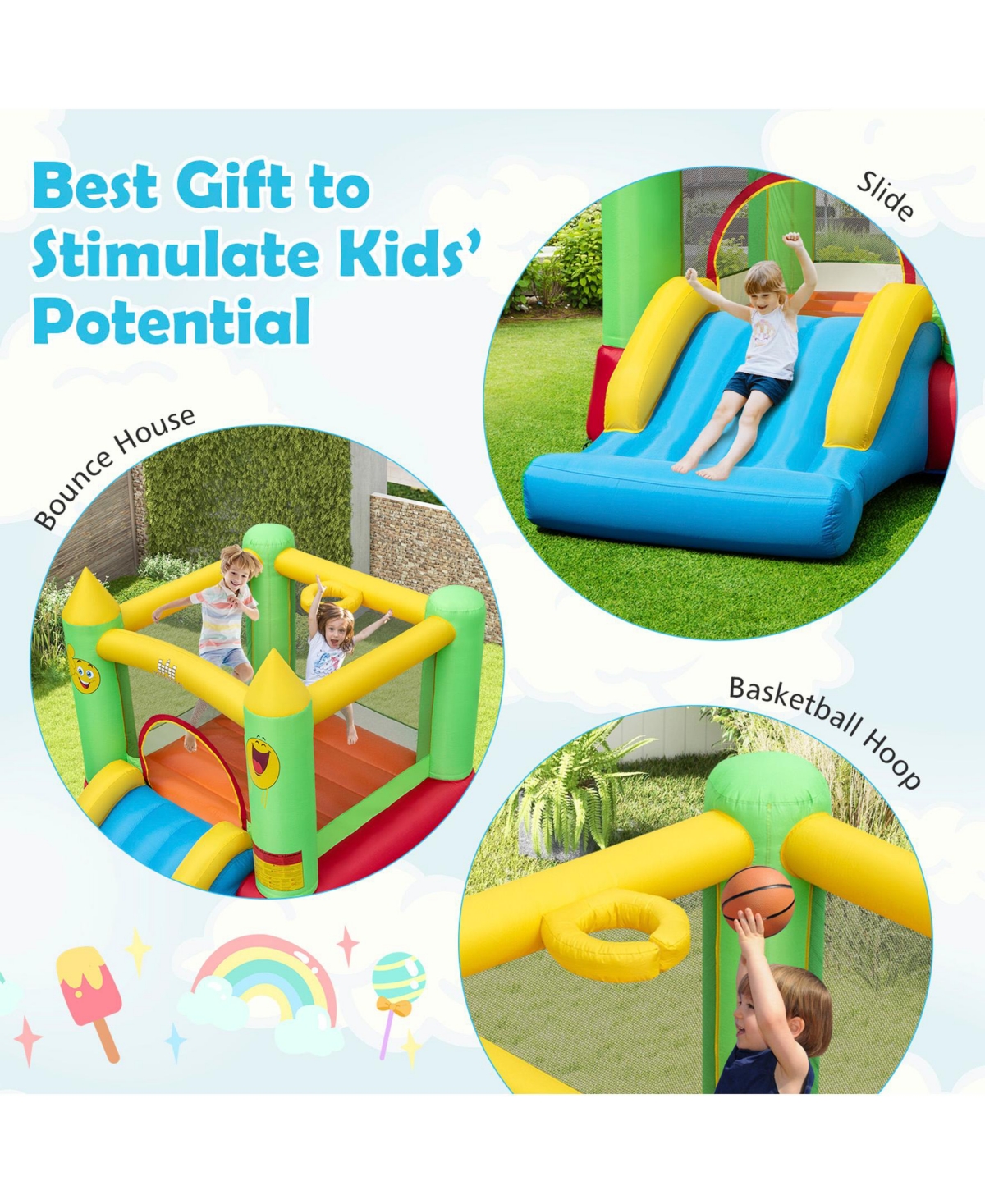 Sugift Playhouse & Playsets Inflatable Bounce House Kids Blow-up Bouncer with Slide with 480W Blower