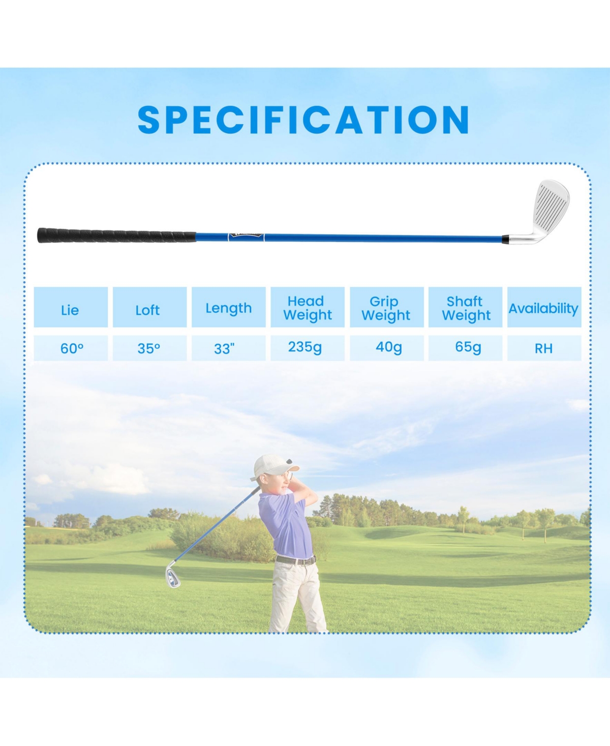 Sugift Outdoor Recreation & Sports Gear Junior #7 Iron for Kids with Fiberglass Shaft and Headcover-Blue