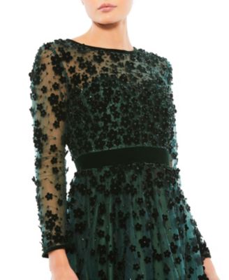 Women's Embellished Illusion High Neck Long Sleeve Fit & Flare Dress