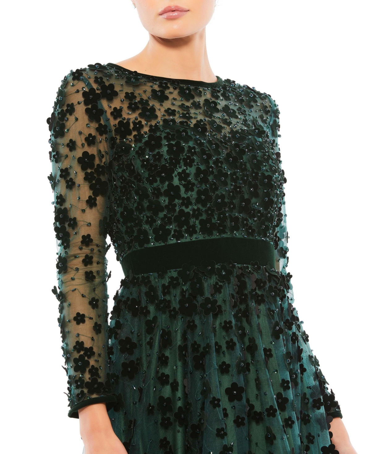Women's Embellished Illusion High Neck Long Sleeve Fit & Flare Dress