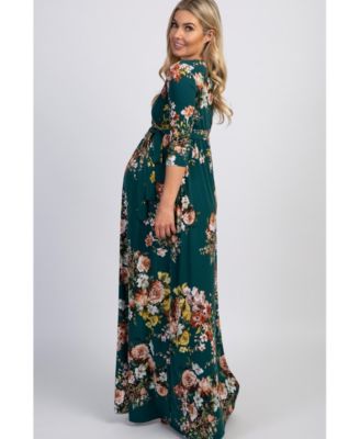Maternity Green Rose Print Sash Tie Maxi Dress