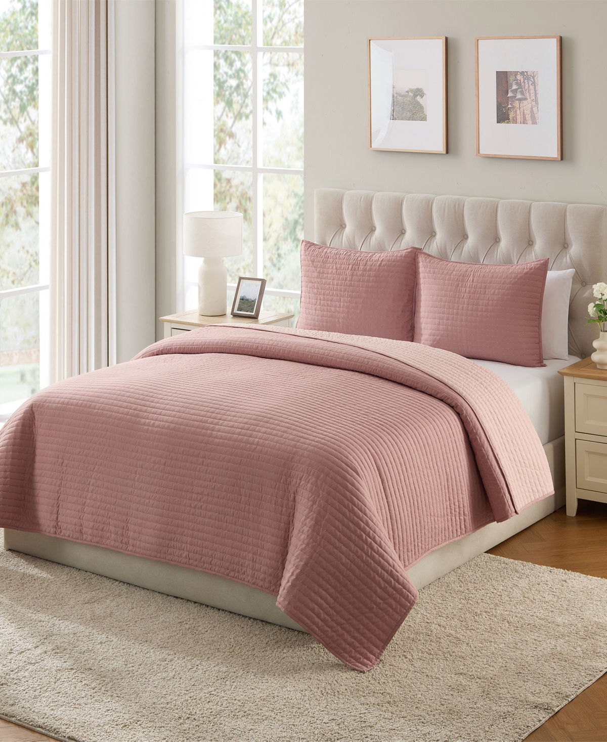 Vcny Home Embroidered Pick Stitch Microfiber 3-pc. Quilt Set, King In Pink
