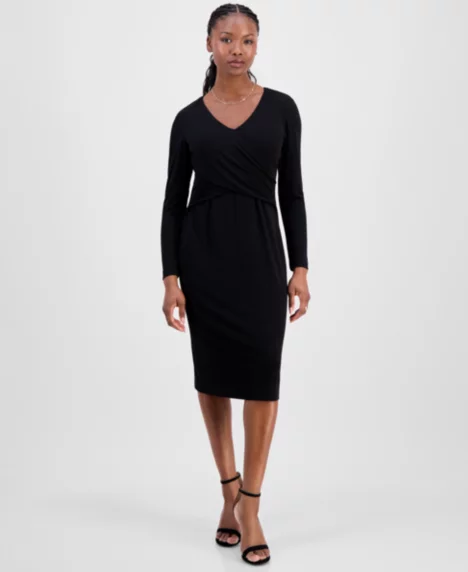 Petite Drape-Front Midi Dress - Black