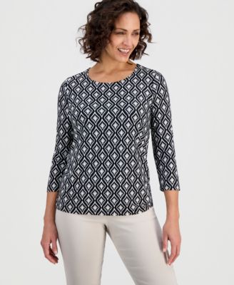 Women's Printed 3/4 Sleeve Scoop-Neck Jacquard Top
