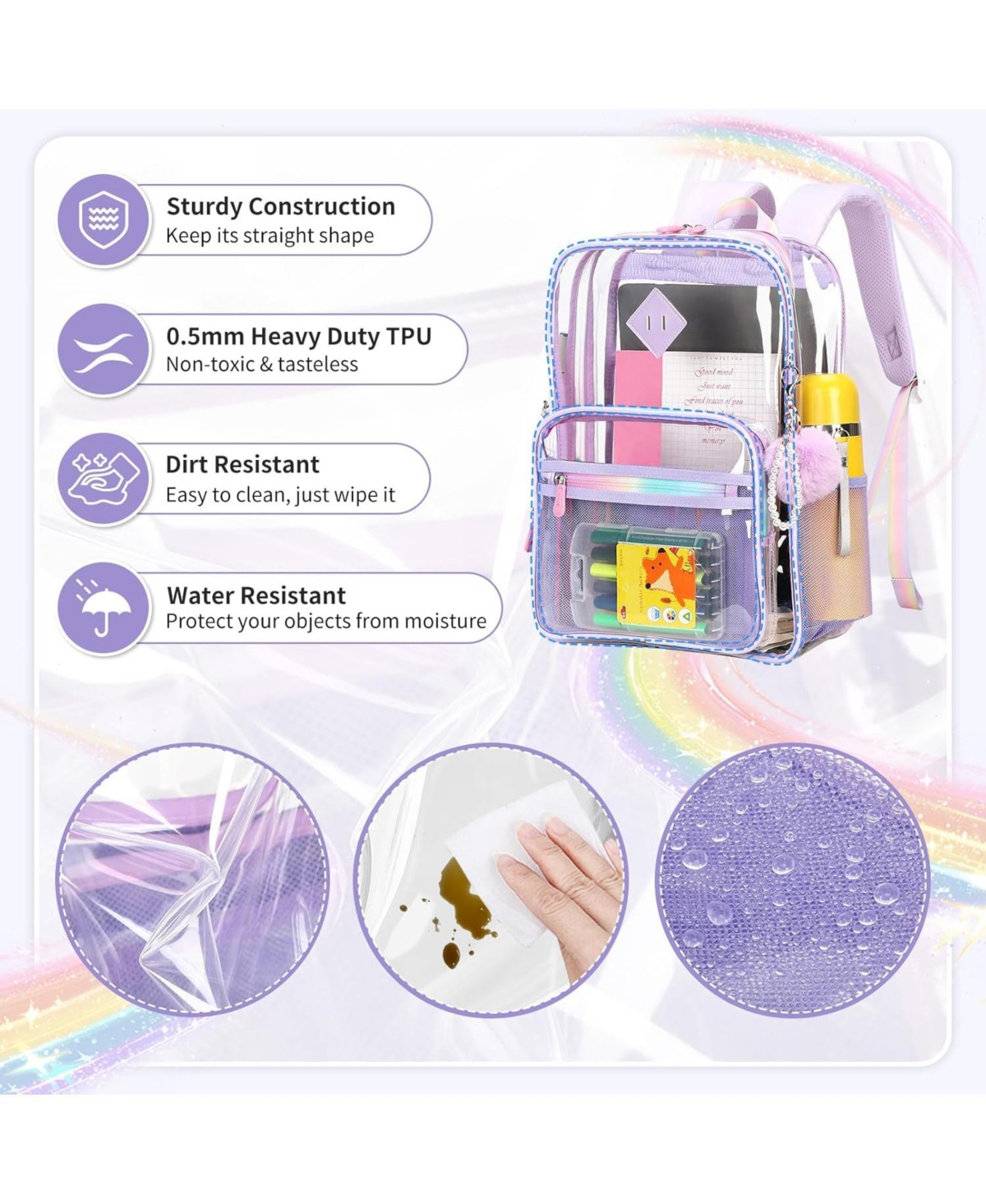 Clear Backpack Heavy Duty Transparent Backpack for School Clear Bags with Wider Straps See Through Plastic Bags Sport Events Concert Stadium-Purple
