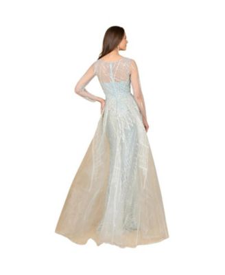 Women's Long Sleeve Lace Gown with Tulle Overskirt