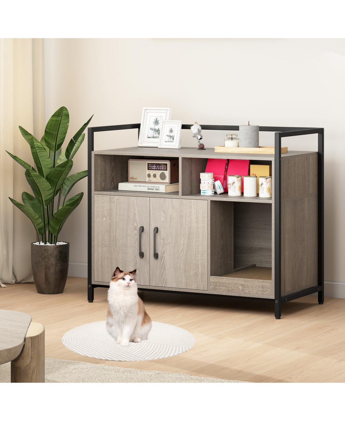 Gymax Cat Litter Box Enclosure w/ Storage Compartments Removable Scratching Board