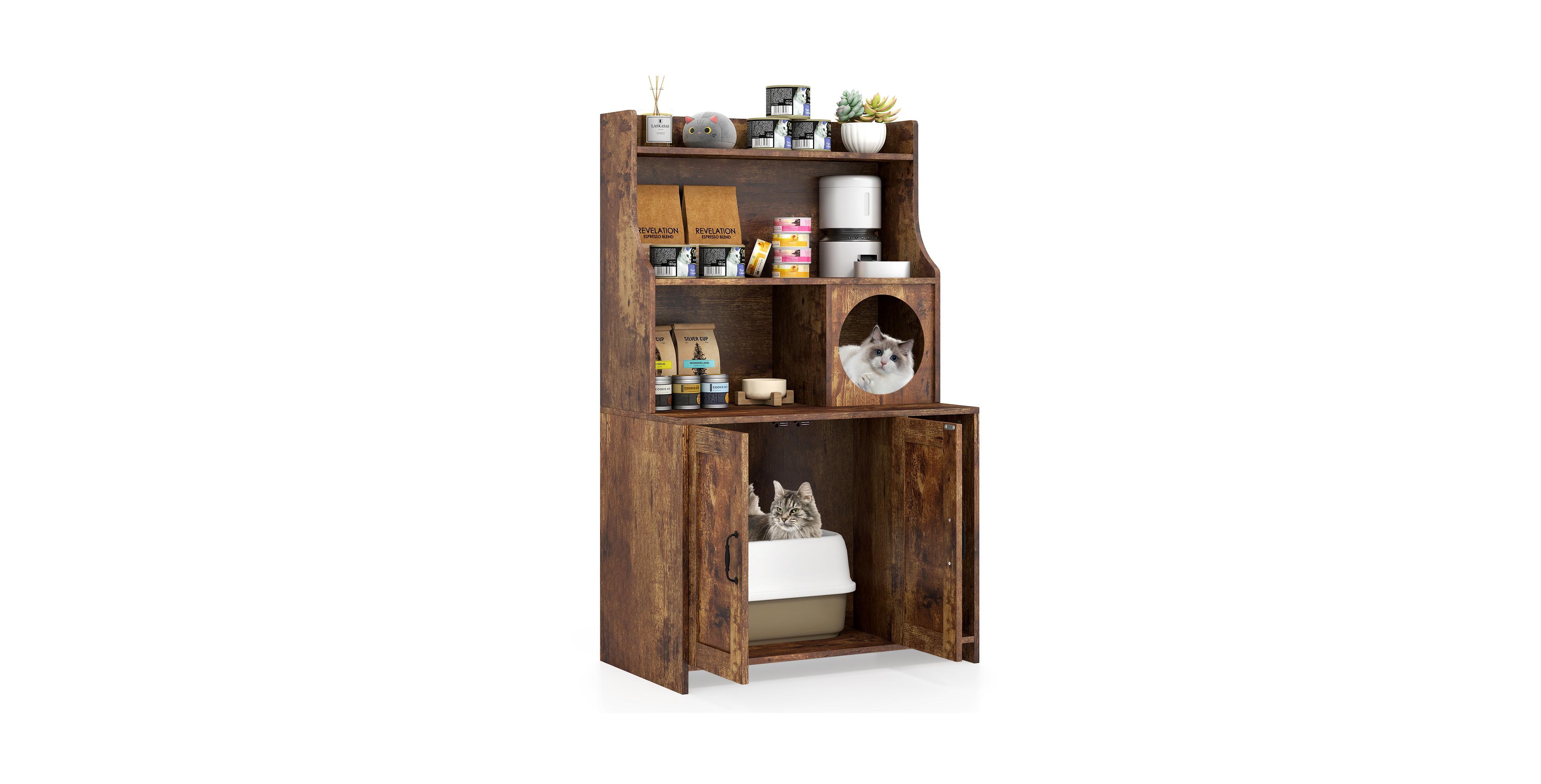 Gymax Large Wooden Cat Litter Box Enclosure w/ Storage Shelves Condo End Table