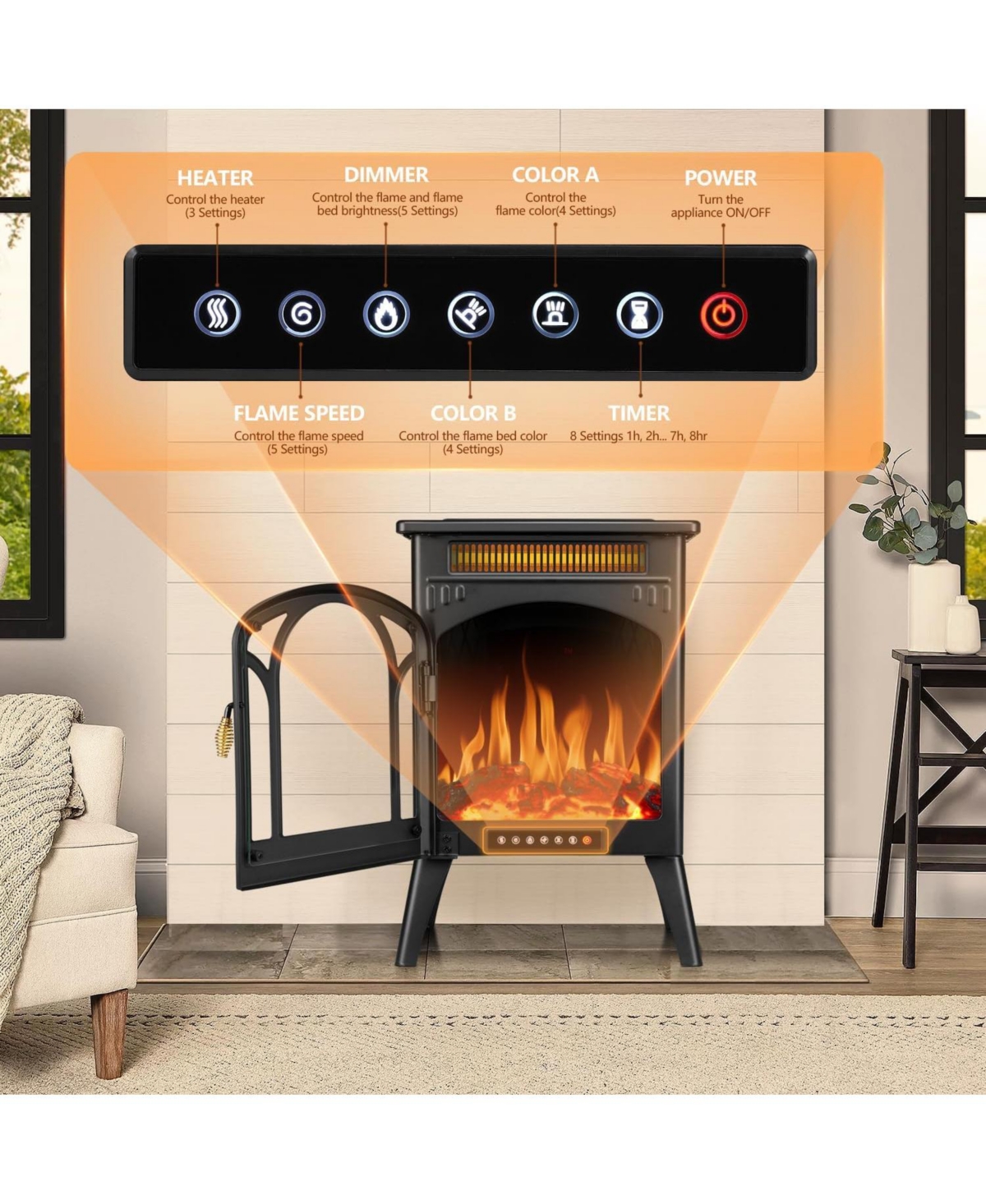 Cowsar 16" Freestanding Electric Fireplace Heater , Realistic Flame, Overheat Protection, Cathedral Design for Indoor Use, Black