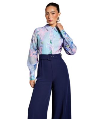 Women's Collared Wide Leg Belted Jumpsuit