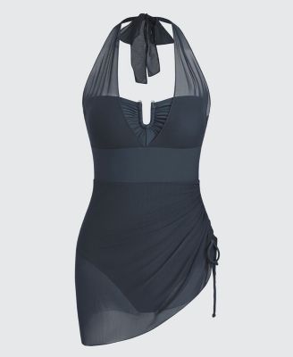 Women's U-Wire Neck Halter Drawstring Mesh One Piece Swim Dress